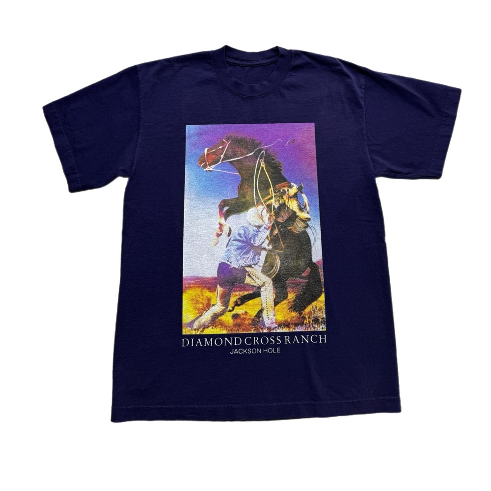 Diamond Cross Ranch Navy Blue Cowboy Print Tshirt Short Sleeve Tee S Western